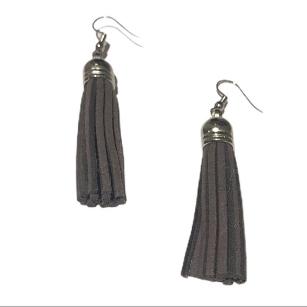 Handmade grey leather tassel silver tone alloy & surgical‎ steel hook earrings
